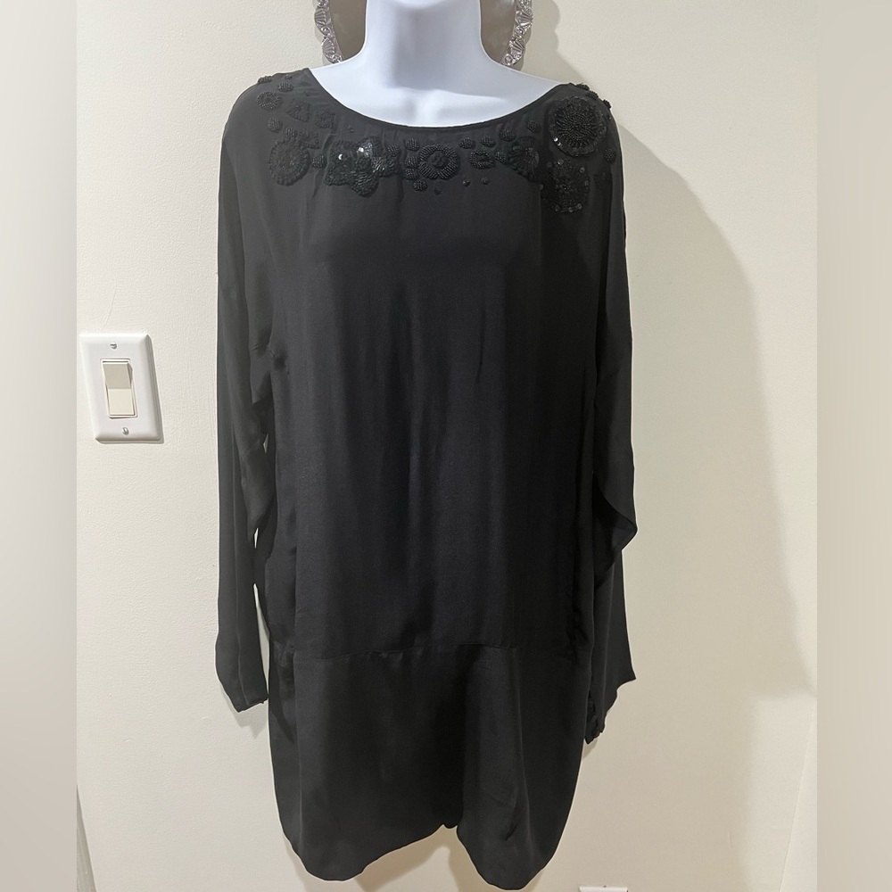 Black Silk Mini Dress with Sparkling Embroidery